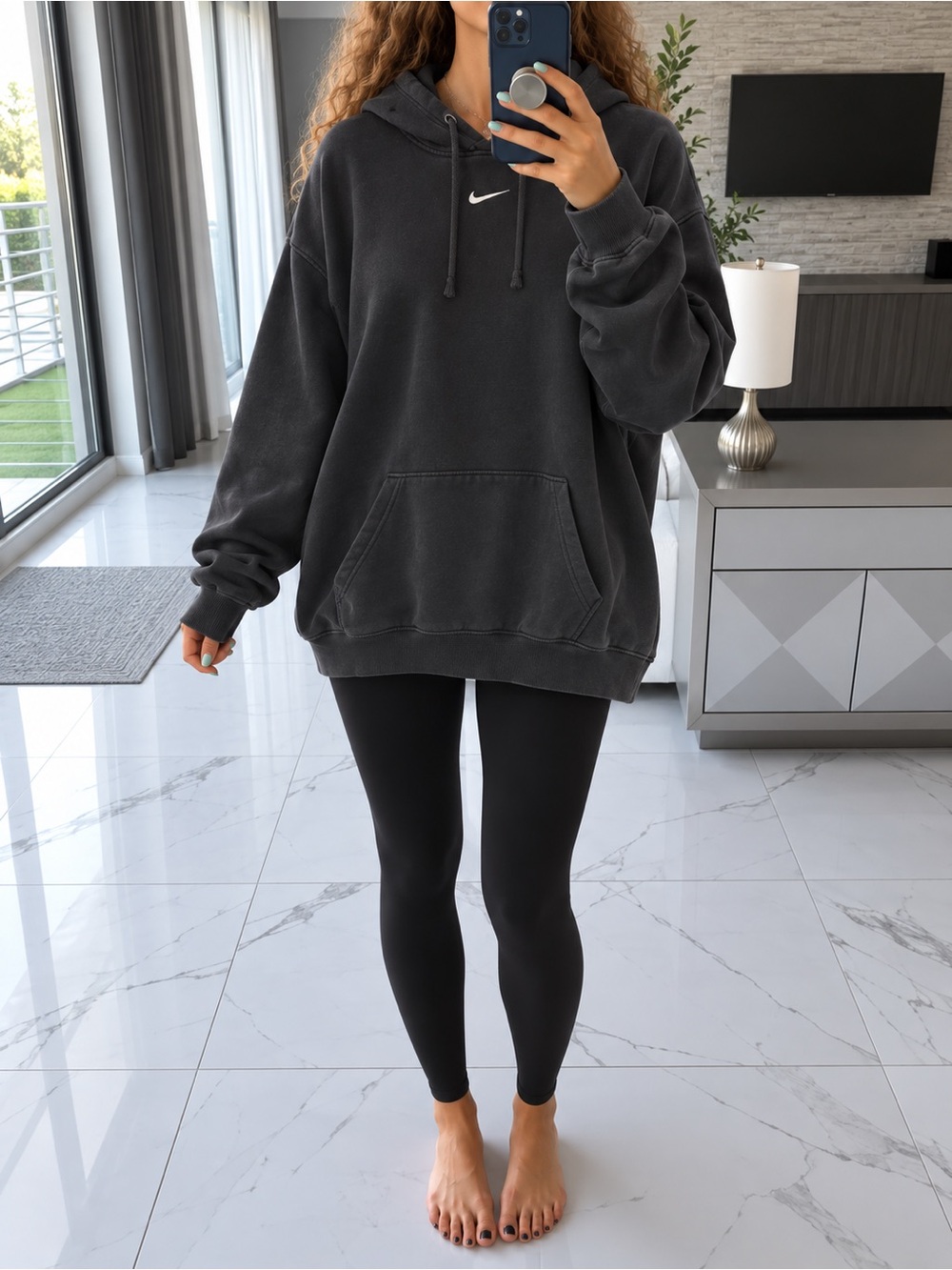 Nike Black Washed Oversized Hoodie with White Swoosh